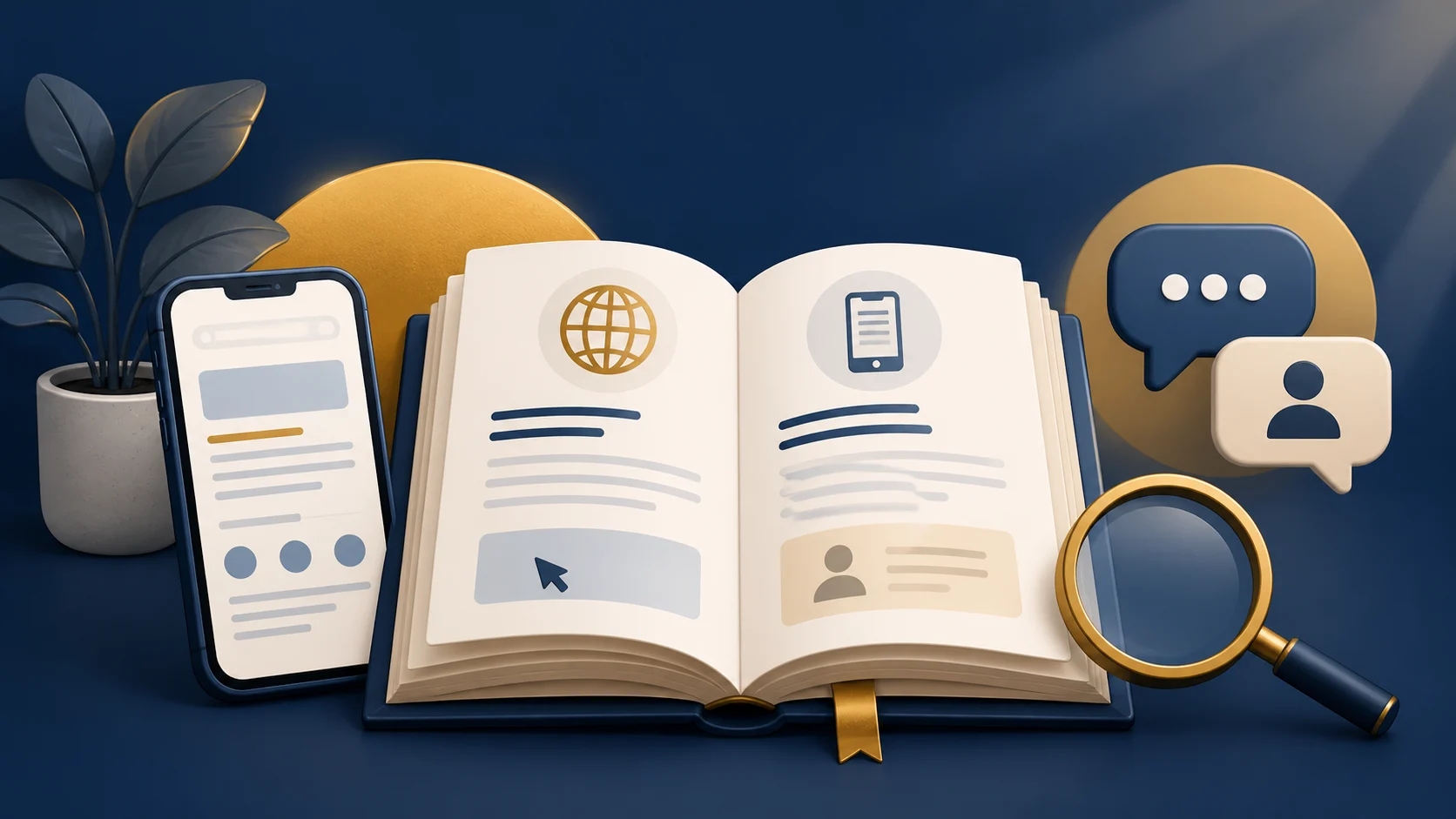 Open guidebook with a smartphone, support conversation symbols and a magnifying glass